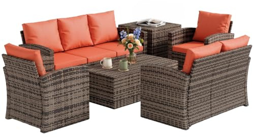 Outsunny 6 Pieces Rattan Garden Furniture Set 7 Seater with Cushions Orange