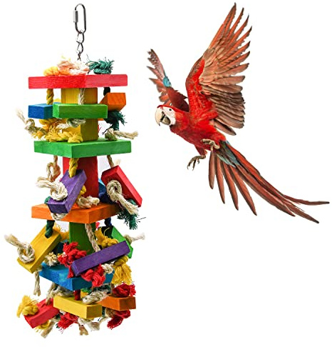 RUBY.Q 20in Large Parrot Toy, Multicolored Natural Wooden Bird Chewing Toys