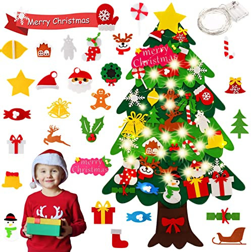 Árbol de Navidad de Fieltro, KEEHOM Árbol de Navidad de Pared con 34 Piezas Ornamentos Desmontables y Cadena de Luz LED, Decoración Navideña y Adorno Ideal para Hogar Interior Exterior