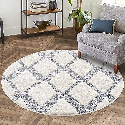 carpet city Teppich Hochflor Wohnzimmer - 160x160 cm Rund - Scandi, Landhaus-Stil Creme Grau - Cut-Loop, Hochtief, 3D-Effekt - Shaggy Teppiche Flauschig-Weich Schlafzimmer Langflor
