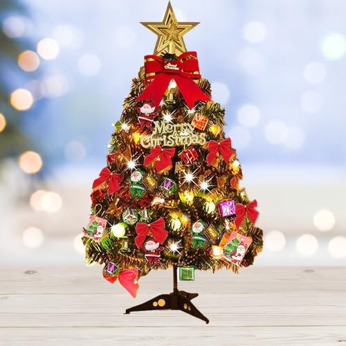 CJBIN Kleiner Weihnachtsbaum mit Beleuchtung, 55 cm Mini Weihnachtsbaum Tisch mit Stern-Baumspitze und Weihnachtskugel, Künstlicher Weihnachtsbaum Klein, Mini Christmas Tree für Innen,Winter