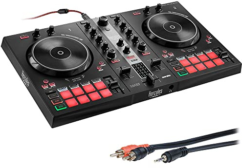 Hercules DJ Control Inpulse 300 - Controller DJ USB a 2 piattaforme per Serato DJ Lite e DJUCED Bundle con cavo audio completo serie standard da 3,5 mm stereo da 3,5 mm a 2 spine RCA