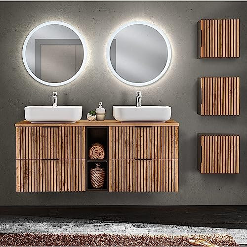 Lomadox Badmöbel Set 3 Hängeschränke Doppelwaschtisch mit Regal 141 cm Waschbecken Keramik Spiegel Beleuchtung anthrazit Wotan Eiche Nb. Front Rillen schwarz