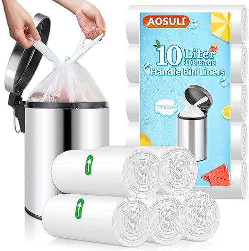 AOSULI 108Count 10L Small Bin Bags with Tie Handles, Bathroom Pedal Bin Liners Clear and White Trash/Garbage Bags for Office and Paper Waste…