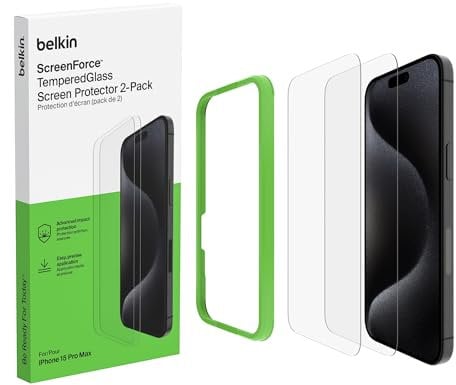 Belkin ScreenForce TemperedGlass protector de pantalla para iPhone 15 Pro Max, cristal templado, antiarañazos, marco de alineación fácil para aplicación sin burbujas, paquete de 2, Exclusivo Amazon