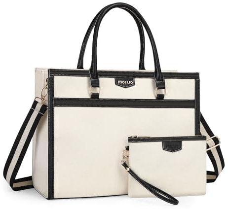 MOSISO Laptoptasche für Frauen Canvas Tote Bags, 15,6 Zoll Große Kapazität Messenger Schultern Computer Tasche Lässig Handtasche Arbeit Aktentasche für Büro Reisen mit Geldbörse&Trolley Gürtel, Beige