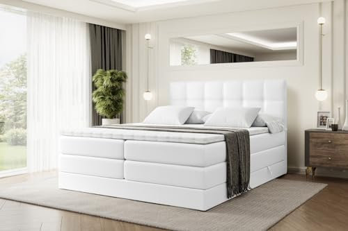 ALTDECOR Boxspringbett mit Matratze und Lattenrost, Topper, Polsterbett mit Bettkasten, Bett mit Stauraum H3- und H4- Matratze, Doppelbett, Springboxbett - Marce King - 200x200 Weiß Kunstleder