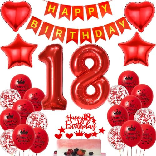 Ohaoduo 18 Geburtstag Deko Mädchen rot 18 Geburtstag Dekoration rot Geburtstagsdeko 18 jahre Luftballons Folienballon 18. Party Deko 18 Mädchen Tortendeko