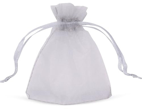 Trimming Shop Silberfarbene Organza-Beutel, 7 x 9 cm, Organza-Geschenkbeutel, durchsichtiger Kordelzug, Schmuckbeutel für Festival, Geburtstag, Jahrestag, Partyzubehör, 25 Stück