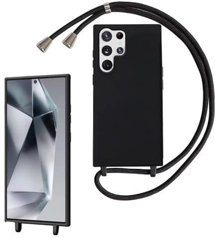 AoozeFon Coque avec Cordon pour Samsung Galaxy S24 Ultra Étui Lanière Transparent avec Collier Réglable pour Samsung S24 Ultra Protection Silicone Gel Souple TPU avec Corde pour S24 Ultra, Noir