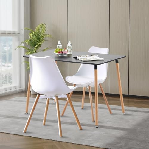 FURNITABLE Esszimmergruppe mit 2 Stühlen, Rechteckig Küchentisch-Set Essgruppe für Küche Esszimmer und Wohnzimmer (Schwarz Tisch+2 Weiß Esszimmerstühle)