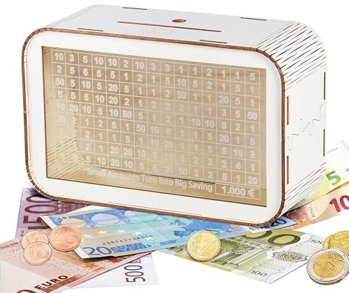 LOVLEY Spardose 1000 Euro mit Zählwerk aus Holz – weiße Sparbox mit Schweinchen-Muster für Erwachsene – Geschenkidee & Deko