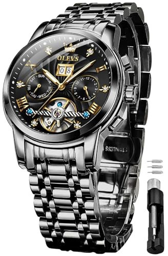 OLEVS Herrenuhren Automatik Skelett Mechanische Schwarz Kleid Armbanduhr mit Diamant Tourbillon Tag Datum Wasserdicht Leuchtende Zweifarbige Uhr