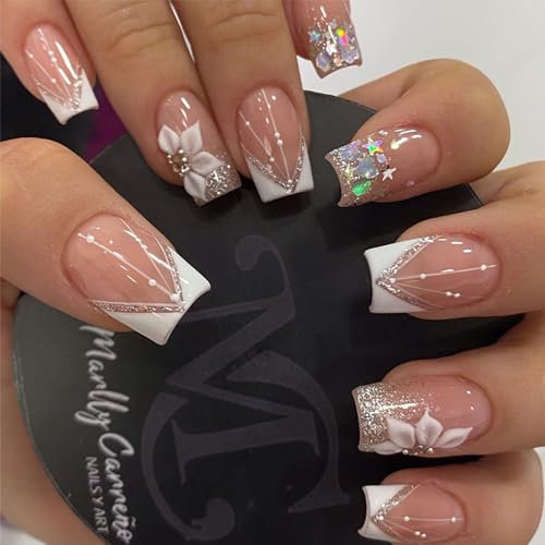 Hebterrka 24 Stück French Tips Press on Nägel, Kurze Quadratische Falsche Nägel, Nude Pink Volldeckende Nagelkleber mit Glitter Pailletten Design, Weiße Nagelspitzen