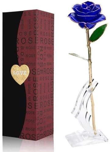 ENJOYPRO Rose dorée, véritable rose trempée dans de l'or 24 carats, rose préservée, rose trempée dans de l'or (bleu)