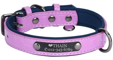 THAIN Personalised Dog Collars microfiber leather with free engraved name plate, neoprene padded Pet Collar for Puppy Small Medium Large Dogs (Purple+Blue, L(neck 14.1-18.1))