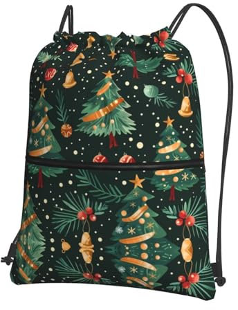 Wzywhj Rucksack mit Kordelzug und Weihnachtsbaum und Glocken, für Wandern, Camping, Yoga, langlebig und bequem für den täglichen Gebrauch, Schwarz, Einheitsgröße