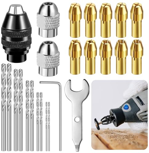 Celepoir 25 Pcs Drill Chuck Collet Kit, 0.8-3.2mm Multi Chuck Rotary Tool | Multi Chuck Collet Set, 1/32-1/8 Shank Replacement 4486 Rotary Tool Keyless Quick Change Accessory & 4485 Brass Collets