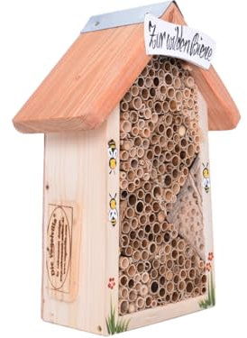 Wildbienenhotel Zur Wilden Biene aus Holz, Naturholz-Nisthilfe für Wildbienen mit Handbemalten Details, Nachhaltiges Insektenhotel