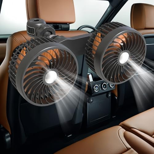 BORDEAG Auto Ventilator 12V Auto-Ventilatoren Für Den Rücksitz, Auto-Kühlluftventilator Doppelköpfiger Ventilator Auto 360 Grad Drehbar Mit Zigarettenanzünder, 3 Geschwindigkeiten, Für Autos Lkws