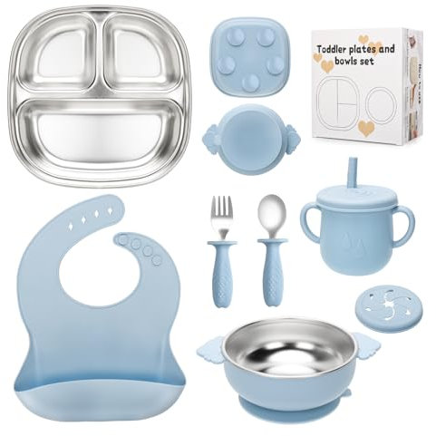 CLDY Baby 7 Pcs Stainless Steel Weaning Set - Silicone Feeding Set - Sectioned Plate - Suction Bowls - Straw Cups & Lids - Spoons - Bib - Non-Slip - BPA-Free - for Toddlers & Baby Gift (Blau)