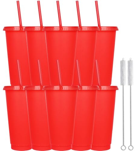 Yisituo 10 vasos con tapa y pajita, 710 ml, reutilizables, para batidos, café, fiestas y viajes (10, rojo)
