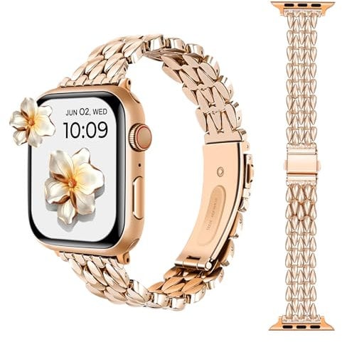 Stainless Steel Straps Compatible with Apple Watch Strap 49mm 46mm 45mm 44mm 42mm, Luxury Slim Metal Bands Bracelet for Women Wristband iWatch Series 10 9 8 7 6 5 4 3 2 1 SE SE2 Ultra 2, Rose Gold