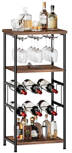Dripex Weinregal, 5 Etagen Freistehendes Weinregal mit Glashalter und Tischplatte, Flaschenregal für 6 Flaschen, für Küche Bar Keller Esszimmer 40 x 30 x 80.5 cm, Vintagebraun-schwarz
