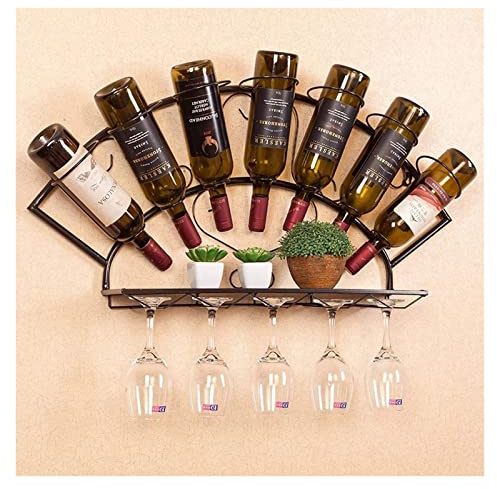 Rack à vin porte-vin monté sur mur, bouteille de vin sectorielle en verre stemware en verre - contient 7 bouteilles de vin et 10 rangements de verre à vin pour la cuisine, la salle à manger, le bar