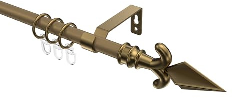 INTERDECO Gardinenstange 16 mm 1-läufig Gold matt/Messing Antik 240 cm | aus Metall, für Wandmontage, Endstück Matteo (Pfeil), inkl. Ringe, kürzbar, Traglast bis 7 kg, Klassisch / Landhaus