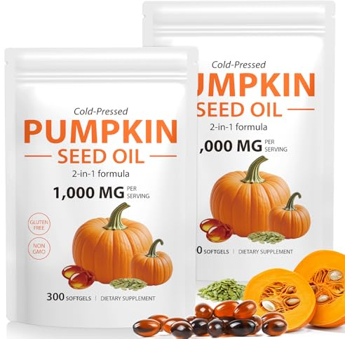Kürbissomenöl Kapseln 1000mg, 300 Softgels Kürbissomenöl für Haarwachstum & Blasenunterstützung, Kaltpresst | Nicht-GVO | Glutenfrei-2PCS