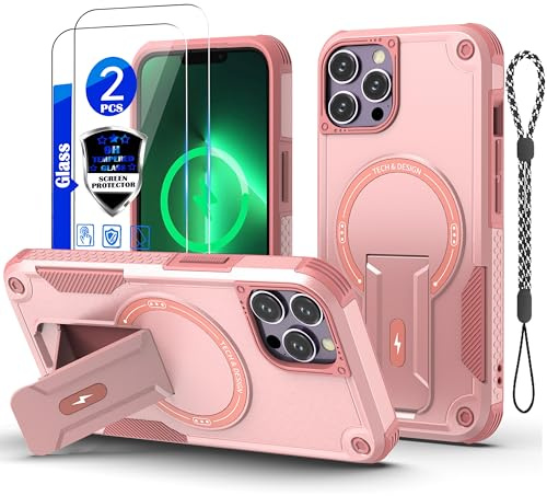 GuardCase for iPhone 13 Pro Case [Compatible with MagSafe][with 2 * 9H Tempered Glass Screen Protector], Built in Invisible Stand,Shockproof Protective Phone Cover for iPhone 13 Pro 6.1(Pink)