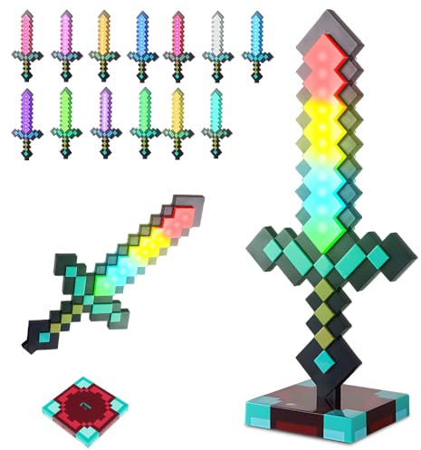 SGZIOO Diamant-Schwert Lampe Carft, 13 Nachtlicht Lampe für Gaming mit Schwert-Aura-Soundeffekten, Diamantschwert-Spielzeug, USB Wiederaufladbar für Nachttischlampe mit Fuß, DIY Geschenke