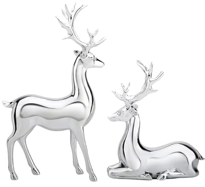 Generisch 2 Stück Deko Hirsch Silber Ornamente,Harz Rentier Silber Weihnachtsdekorationen,Feiertagstier Rentierstatue Weihnachts Deko