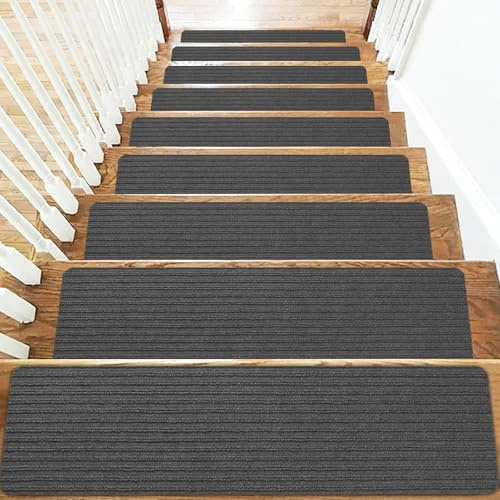 Chingcoo Treppenstufen Matten,15 Stück Stufenmatten Selbstklebend für Massivholz,Fliesen, Marmor Treppenmatte Antirutschmatte Schalldämmung,Teppich für treppenstufen,rechteckig 55cm x 22cm Dunkelgrau