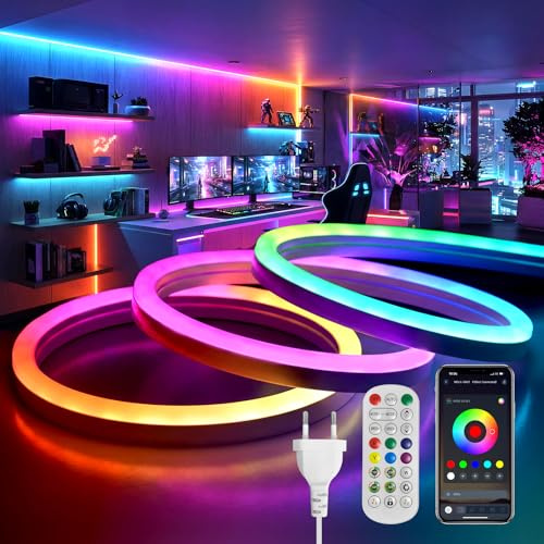 BRIMETI Neon LED Strip 3M RGBIC LED Streifen 230V IP65 Wasserdicht APP und Fernbedienung Musik Sync Gaming Outdoor Flexibel Neon Strip für DIY Zuhause Wohnzimmer Schlafzimmer Party (Mit Netzteil)