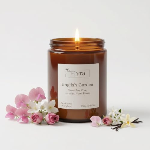 The ELYRA English Garden Floral Scented Candle - Aesthetic Apothecary Amber Jar | Sweet Pea, Rose, Jasmine & Vanilla | 40H Long Burn Hand Poured Soy Wax | Spring & Summer Home Decor, Special Occasions