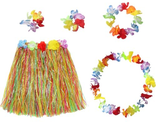 Hohopeti Ensemble de Costume Hawaïen 5 Pièces Jupe de Paille 40 Cm Simple Couche Guirlande Fleurie Multicolore pour Fête Luau Plage Danse Hawaïenne