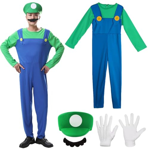 YeahBoom Mario Kostüm Luigi Kostüm Set,4 Stück Luigi Kostüme mit Mütze Bart Handschuhe,Super Bros Cosplay Kostüme,Männer Damen Erwachsene Outfit für Weihnachten Karneval Cosplay Faschingskostüme