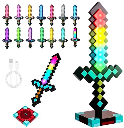 SKJJM Diamant Schwert, 39 cm Diamantschwert Lampe mit 14 Einstellbare Farbmodi, Nachtlampe USB Wiederaufladbare mit Sockel, Beleuchtung 3D Nachttischlampe für Geschenke, Zimmer und Party Deko