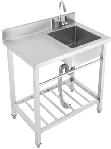 201 Fregadero de cocina independiente de acero inoxidable, fregadero de cocina con encimera y patas ajustables, 80 x 55 x 84 cm, fregadero profundo (35 x 35 x 20 cm) – 1 fregadero para garaje
