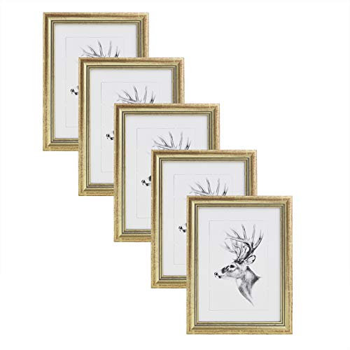 WOLTU Bilderrahmen 15x20cm 5er Set Fotorahmen Holzrahmen mit Passepartout, zum vertikalen oder horizontalen Aufhängen/Aufstellen, Posterrahmen Collage Wanddeko, Gold