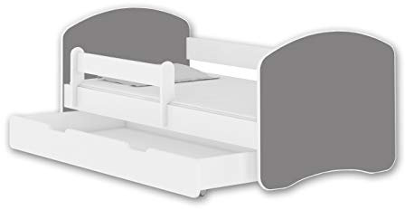 ACMA Jugendbett Kinderbett mit Einer Schublade mit Rausfallschutz und Matratze Weiß II 140 160 180 (180x80 cm + Schublade, Weiß - Grau)