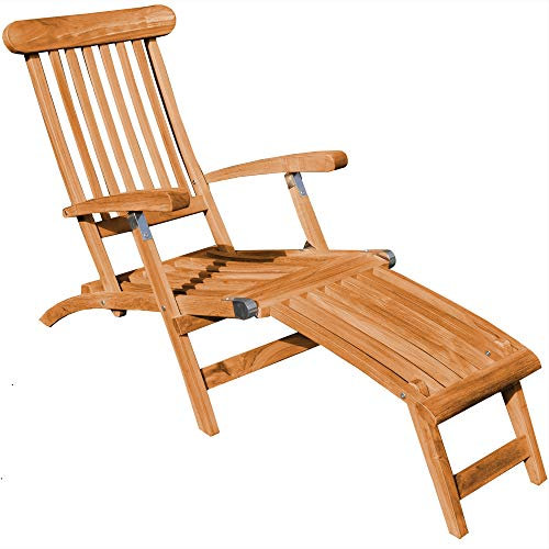 Teako Design Gartenliege Imperia Teak mit Armlehnen unbehandeltes Massivholz Wetterfest Liegestuhl Sonnenliege robust