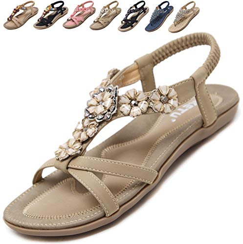 Acfoda Sandales Femme Été Confortable Plats Nu Pieds Cuir Tong de Plage Mode Claquettes Bout Ouvert avec Strass Beige 40