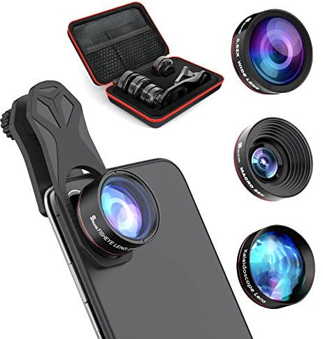 Selvim Obiettivo per Smartphone con Aggiornati Lenti Blu-Ray, Obbiettivo Macro 25x, Grandangolare 0.62X, Fisheye 235°, Caleidoscopica per iOS/Android, Compatibilità Universale, con Custodia EVA