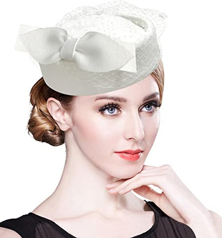 Z&X British Vintage Wollfilz Pillbox Hut Damen Kirche Derby Winter Fascinator Hut Schleier Blume Fedoras, C-Elfenbeinweiß, Einheitsgröße