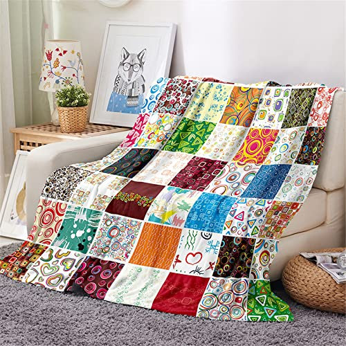 Chickwing Chickwin Couverture Plaid Flanelle, 3D Carreaux Imprimé Polaire Epaisse Microfibre Moelleuse Chaudes Légères Couvertures pour Voyager, Lit ou Canapé (Géométrie Patchwork,80x120cm)