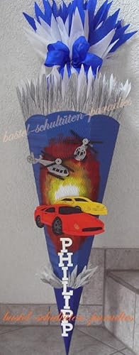 Schultüten Bastelset Autos mit Hubschrauber blau-silber Hintergrund vormalen ja, Schultüten-Rohling 3D Wellpappe-Rohling