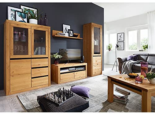 Wohnzimmer Komplett Set Massivholz TV Wand Mediawand Wohnwand Lowboard Wandboard Vitrine Highboard Couchtisch rechteckig 110 x 70 cm Kiefer massiv eichefarbig